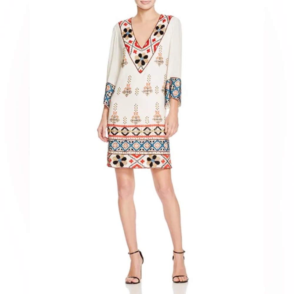 Alice and Olivia Embroidered V-Neck Dress - White and Multicolor
